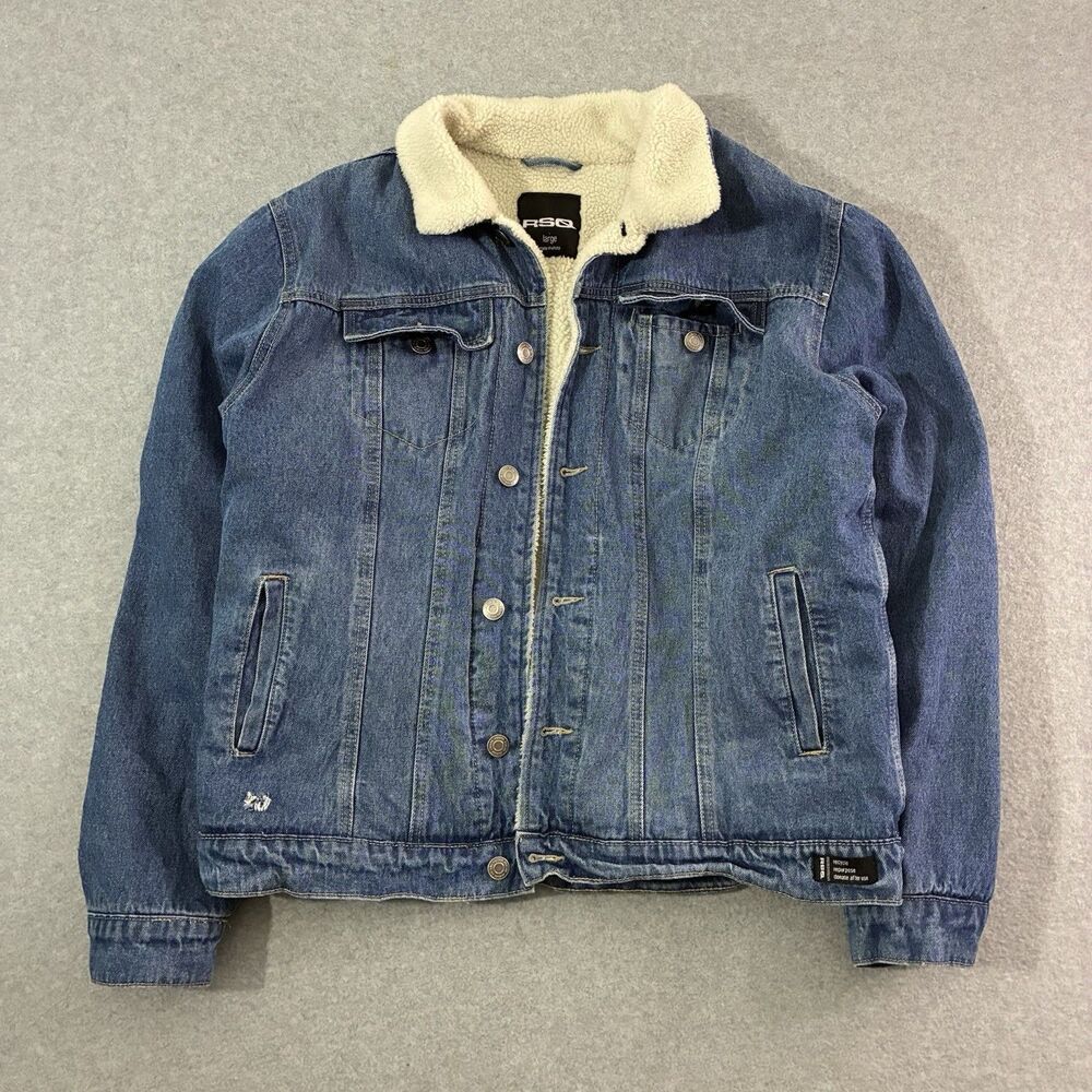 RSQ Men’s Large Denim Sherpa Trucker Jacket Blue Jean Fleece Lined Workwear